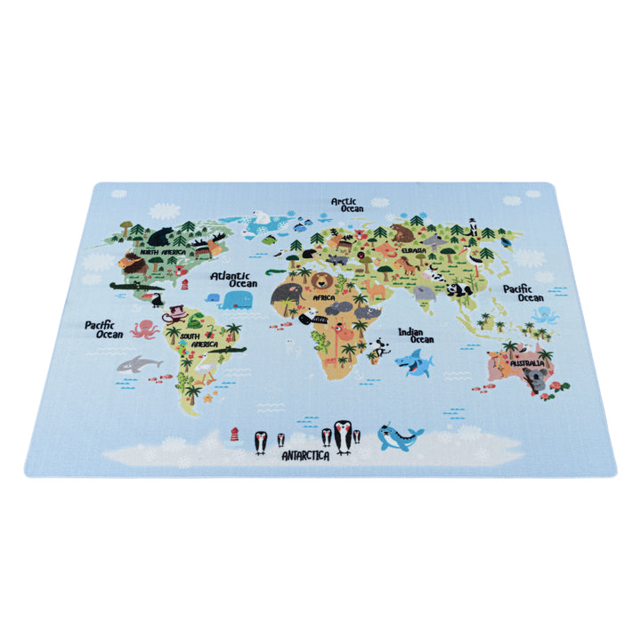 Teppich Kinder Flachgewebe Weltkarte mit Tieren Polyamid rutschfest Kinderzimmer Blau Läufer 80x120_Läufer_