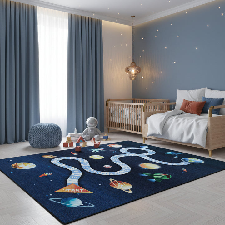 Teppich Kinder Flachgewebe Weltraum-Motiv Polyamid rutschfest Kinderzimmer Marineblau Läufer 80x120_Läufer_