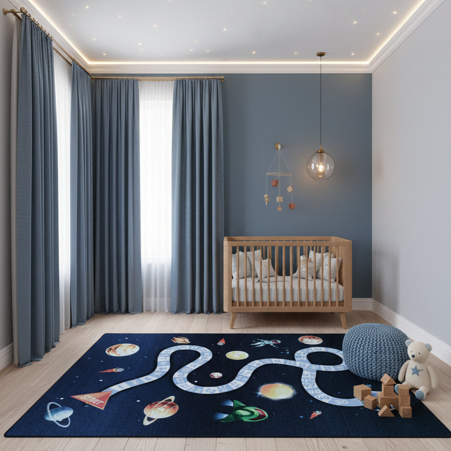 Teppich Kinder Flachgewebe Weltraum-Motiv Polyamid rutschfest Kinderzimmer Marineblau Läufer 80x120_Läufer_