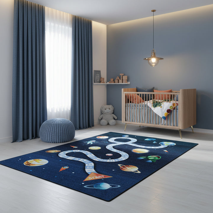 Teppich Kinder Flachgewebe Weltraum-Motiv Polyamid rutschfest Kinderzimmer Marineblau Läufer 80x120_Läufer_