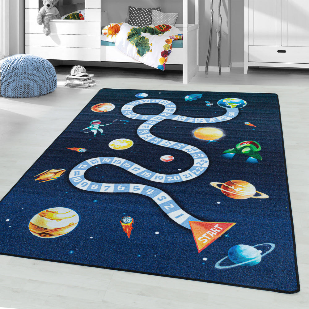 Teppich Kinder Flachgewebe Weltraum rutschfest Kinderzimmer_Marineblau_Läufer_