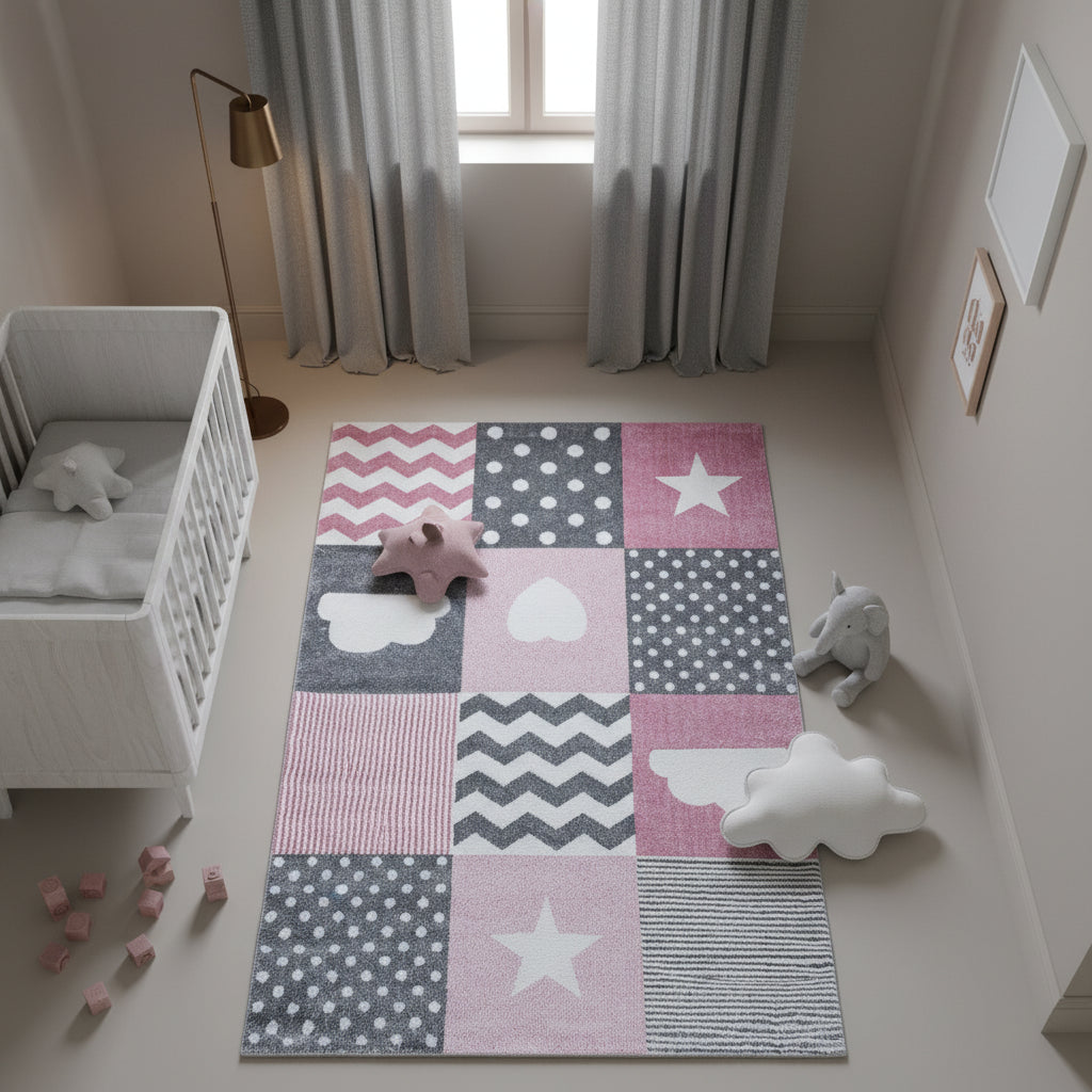 Teppich Kinder Herz Sterne Polypropylen saugroboter Kurzflor Kinderzimmer_Läufer_