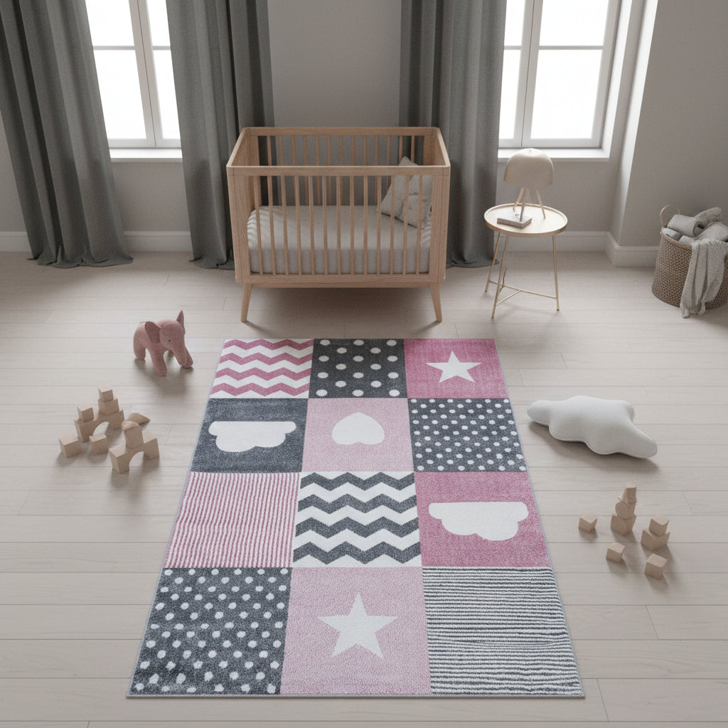 Teppich Kinder Herz Sterne Polypropylen saugroboter Kurzflor Kinderzimmer_Läufer_