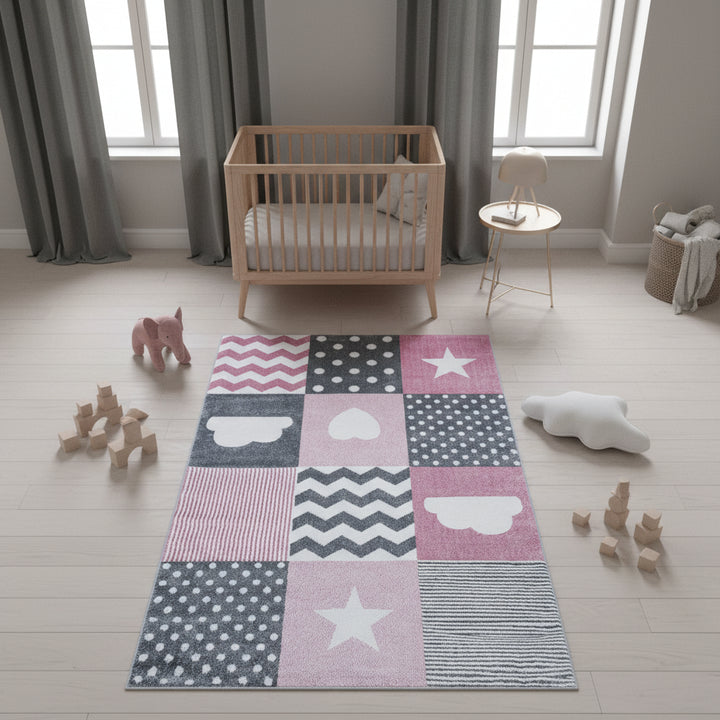 Teppich Kinder Herz Sterne Polypropylen saugroboter Kurzflor Kinderzimmer_Läufer_