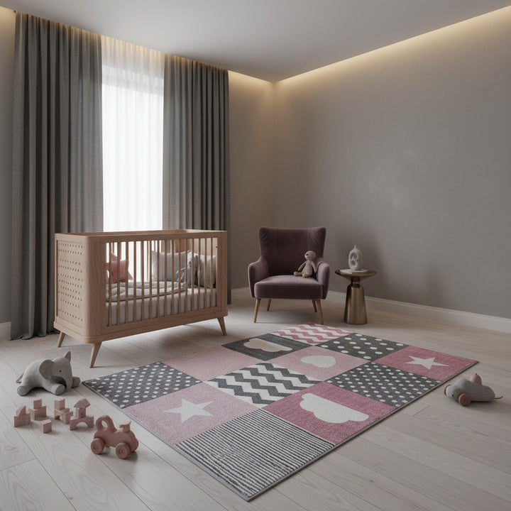 Teppich Kinder Herz Sterne Polypropylen saugroboter Kurzflor Kinderzimmer_Läufer_