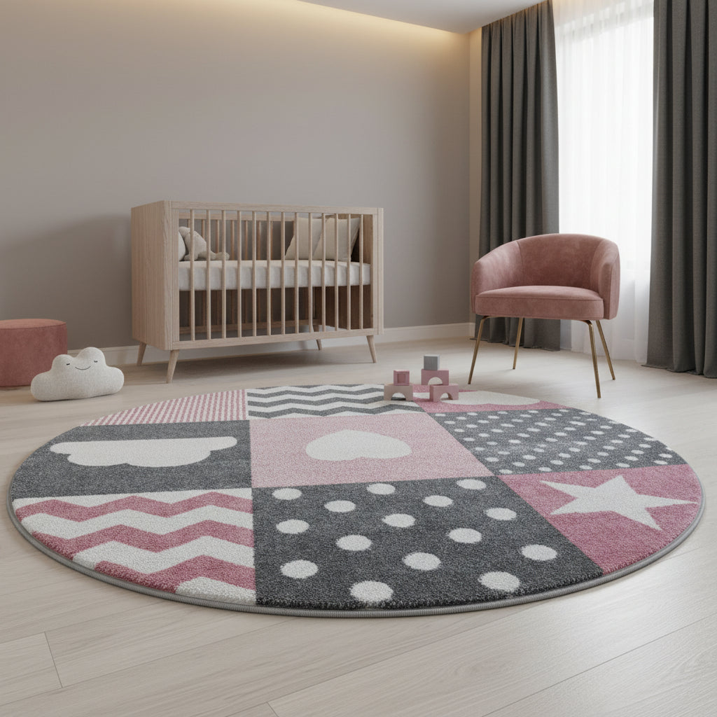 Teppich Kinder Herz Sterne Polypropylen saugroboter Kurzflor Kinderzimmer_Rund_