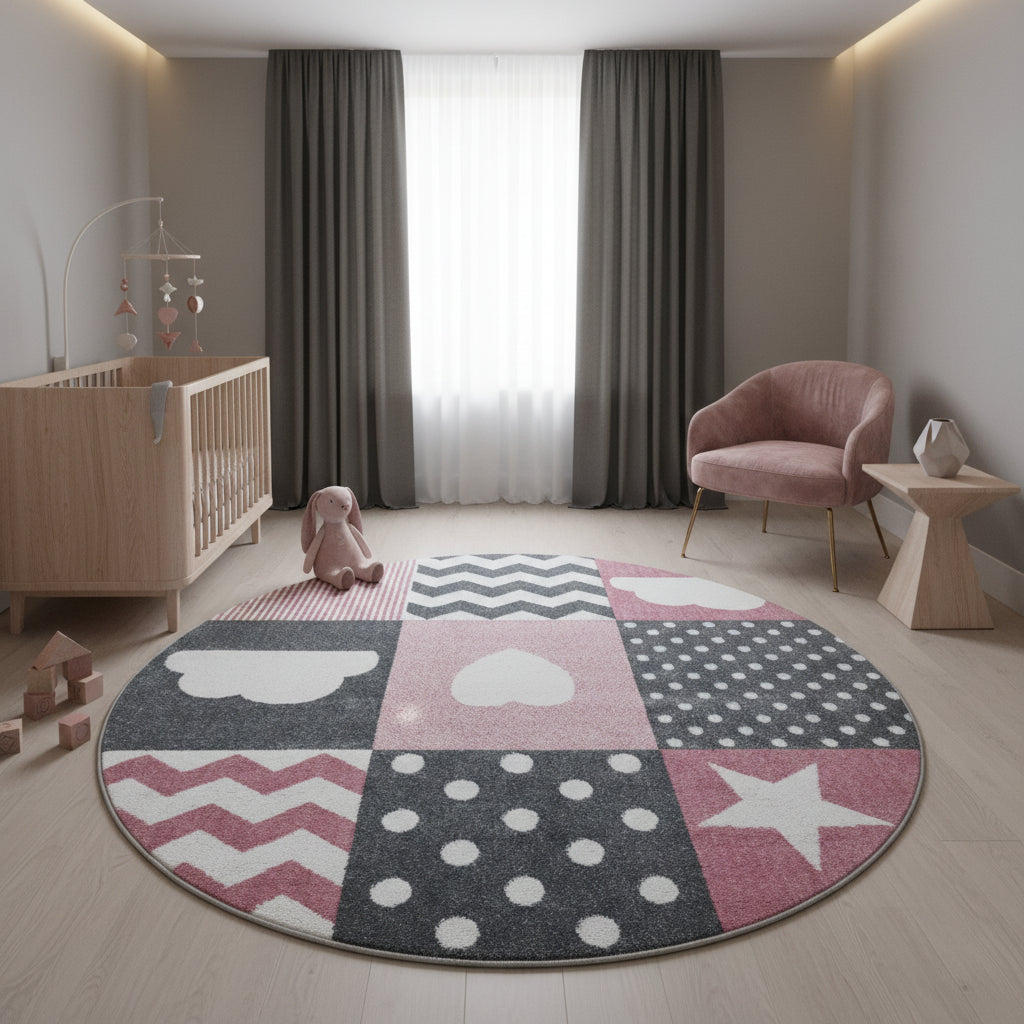 Teppich Kinder Herz Sterne Polypropylen saugroboter Kurzflor Kinderzimmer Rund