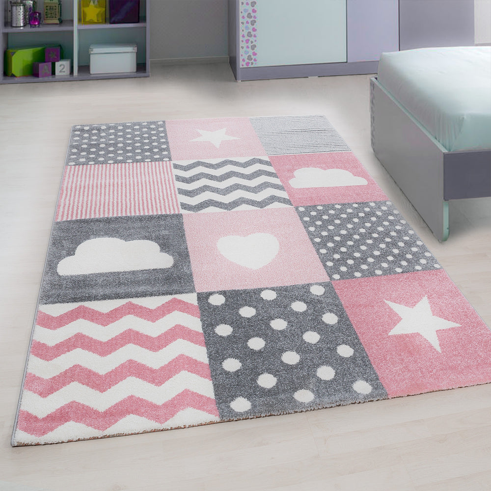 Teppich Kinder Herz Sterne saugroboter Kurzflor Kinderzimmer_Pink_Läufer_