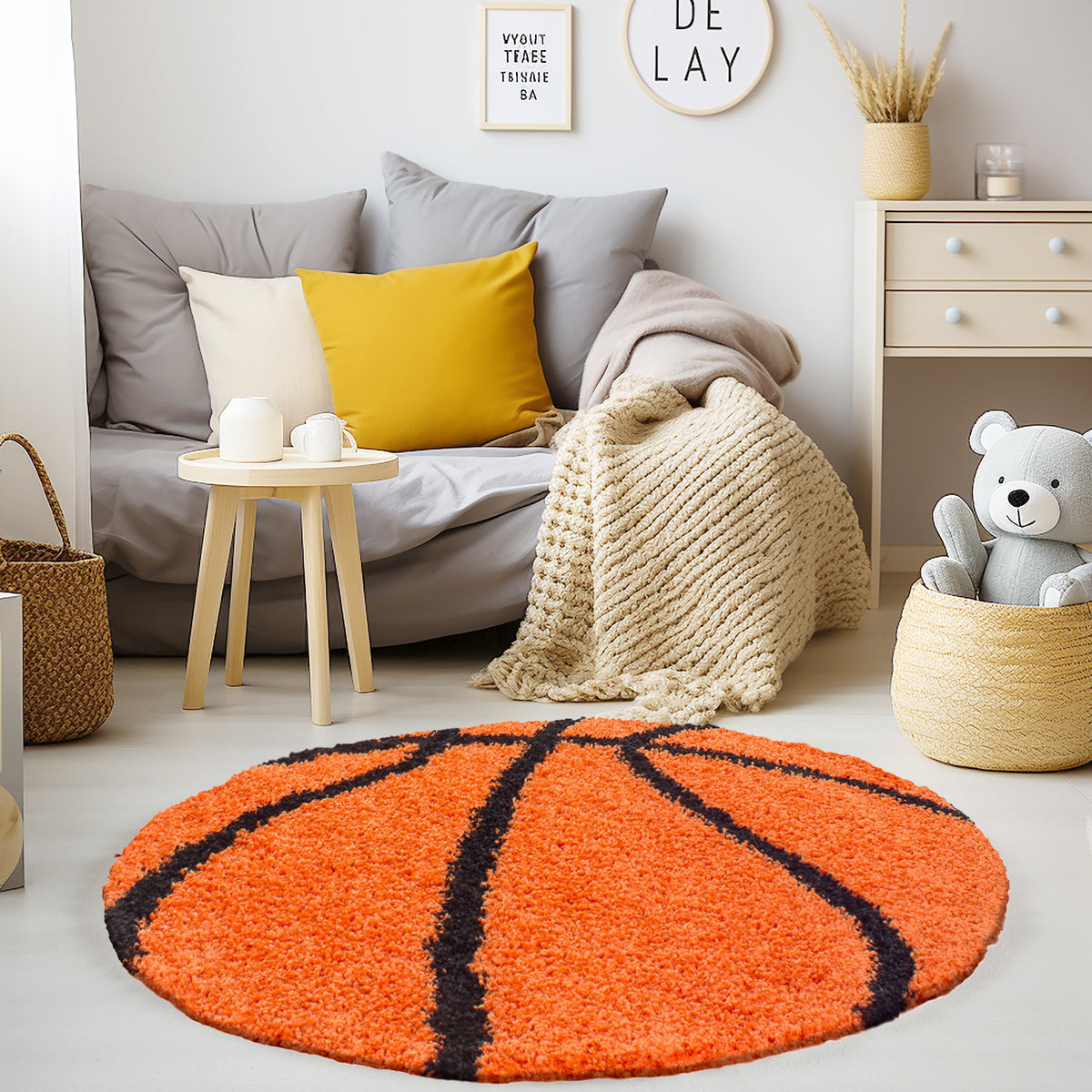 Teppich Kinder Hochflor Basketball Motiv Polypropylen Kinderzimmer Orange Rund