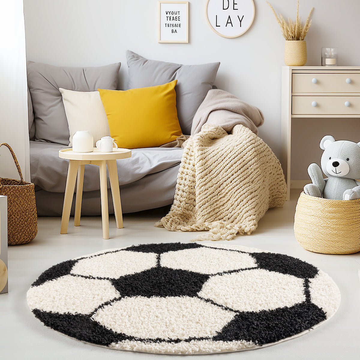 Teppich Kinder Hochflor Fußball Motiv Polypropylen Kinderzimmer Schwarz Rund