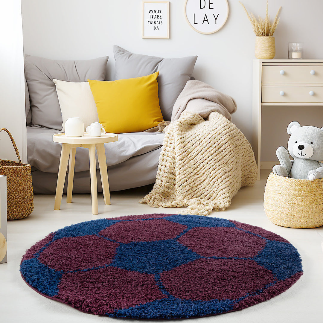 Teppich Kinder Hochflor Fußball Motiv Polypropylen Kinderzimmer_Marineblau_Rund_