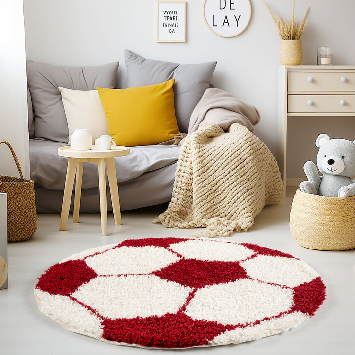 Teppich Kinder Hochflor Fußball Motiv Polypropylen Kinderzimmer_Rot_Rund_