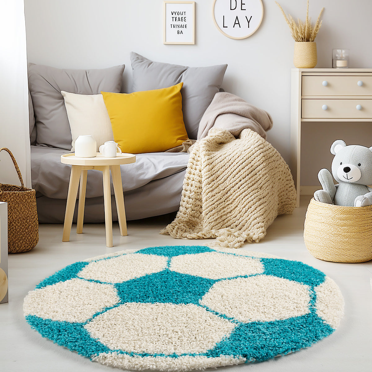 Teppich Kinder Hochflor Fußball Motiv Polypropylen Kinderzimmer_Türkis_Rund_
