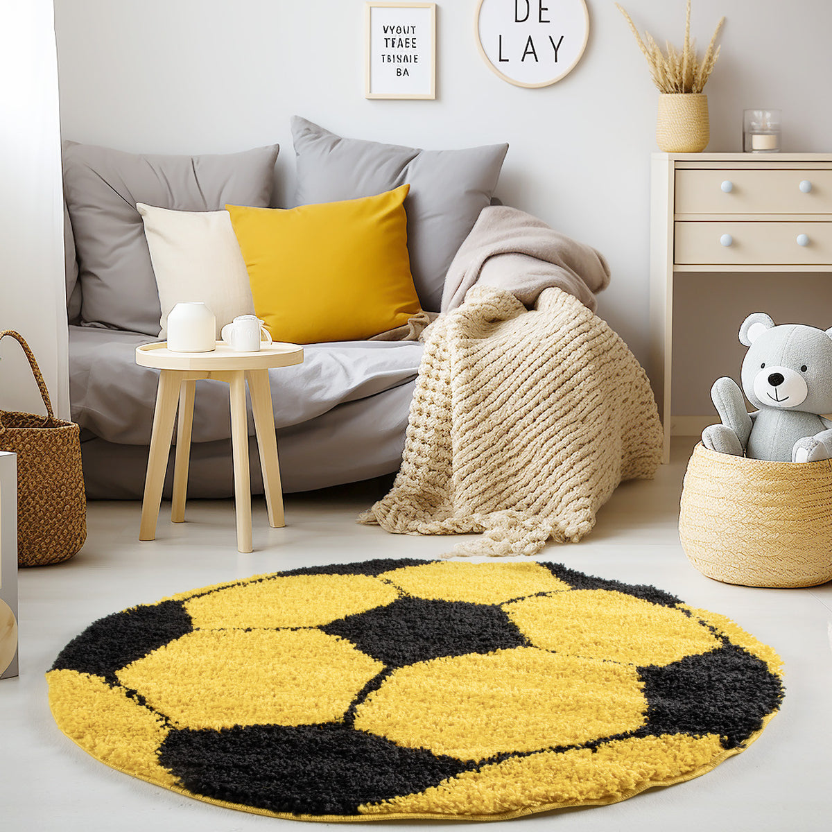 Teppich Kinder Hochflor Fußball Motiv Polypropylen Kinderzimmer_Gelb_Rund_
