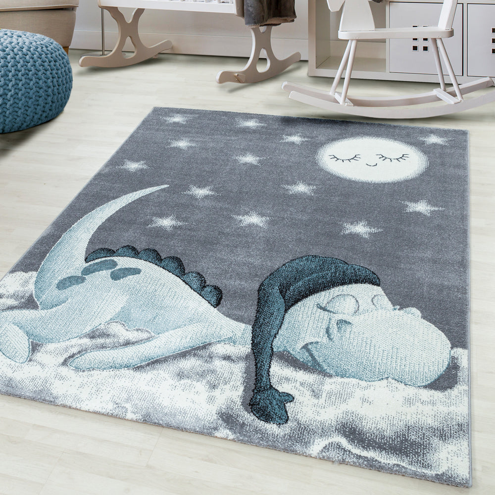 Teppich Kinder Kurzflor Dinosaurier Polypropylen Kinderzimmer_Blau_Läufer_