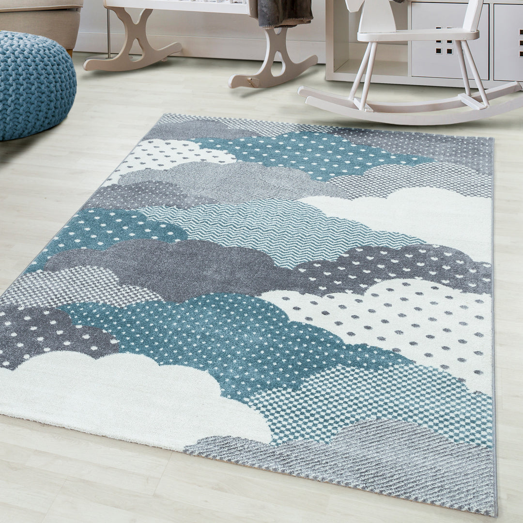 Teppich Kinder Kurzflor Wolken Polypropylen Kinderzimmer_Blau_Läufer_