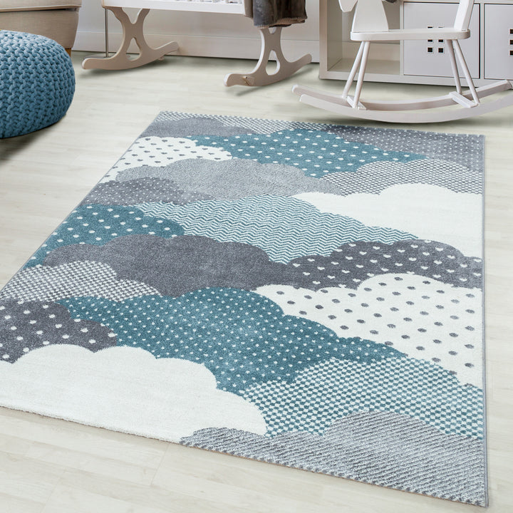 Teppich Kinder Kurzflor Wolken Polypropylen Kinderzimmer_Blau_Läufer_