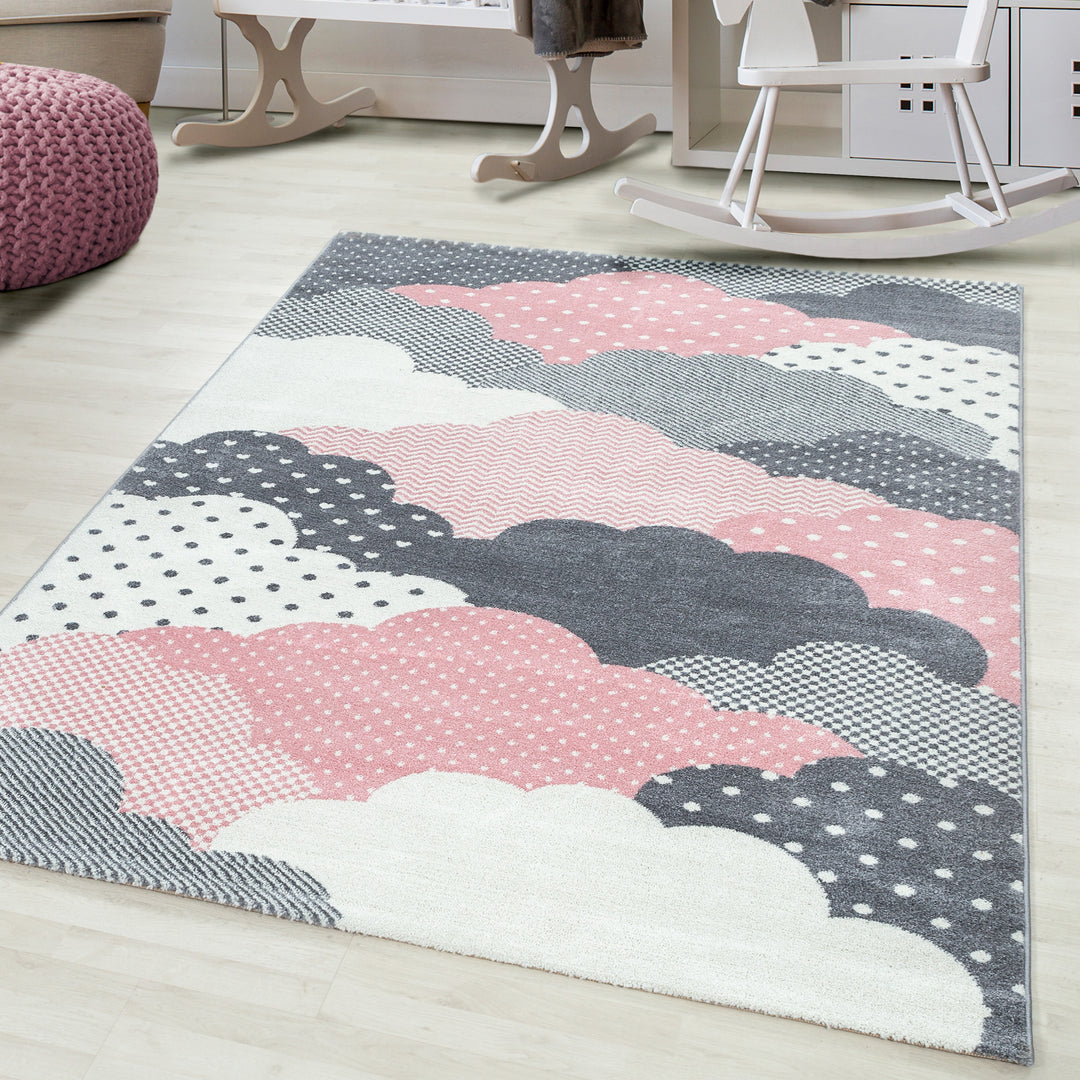 Teppich Kinder Kurzflor Wolken Polypropylen Kinderzimmer_Pink_Läufer_