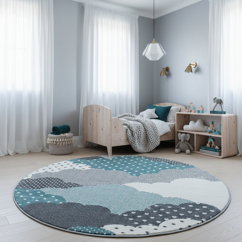 Teppich Kinder Kurzflor Wolken Polypropylen Kinderzimmer_Rund_