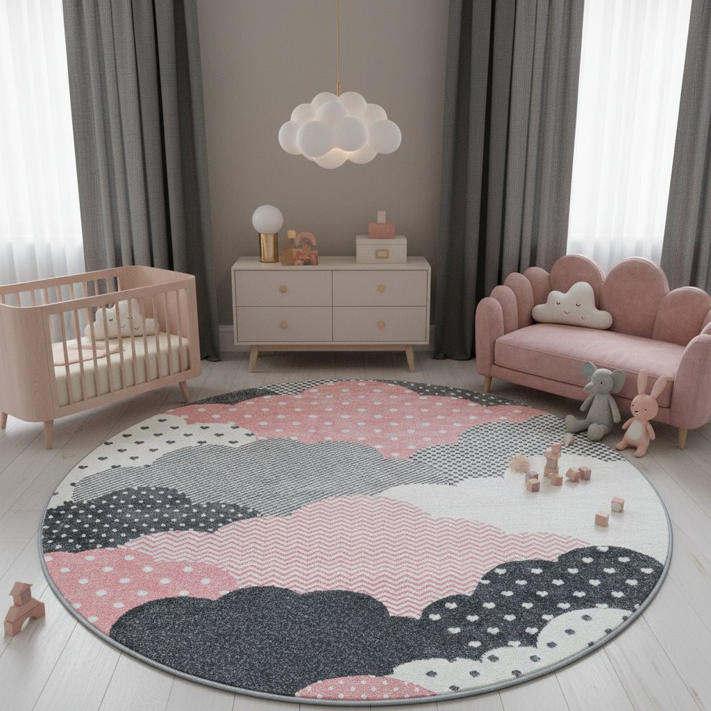 Teppich Kinder Kurzflor Wolken Polypropylen Kinderzimmer Rund