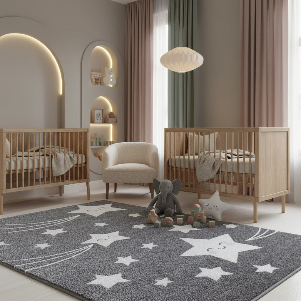 Teppich Kinder Sterne Polypropylen saugroboter Kurzflor Kinderzimmer_Grau_Läufer_