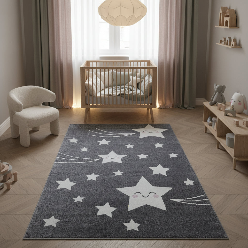 Teppich Kinder Sterne Polypropylen saugroboter Kurzflor Kinderzimmer_Grau_Läufer_