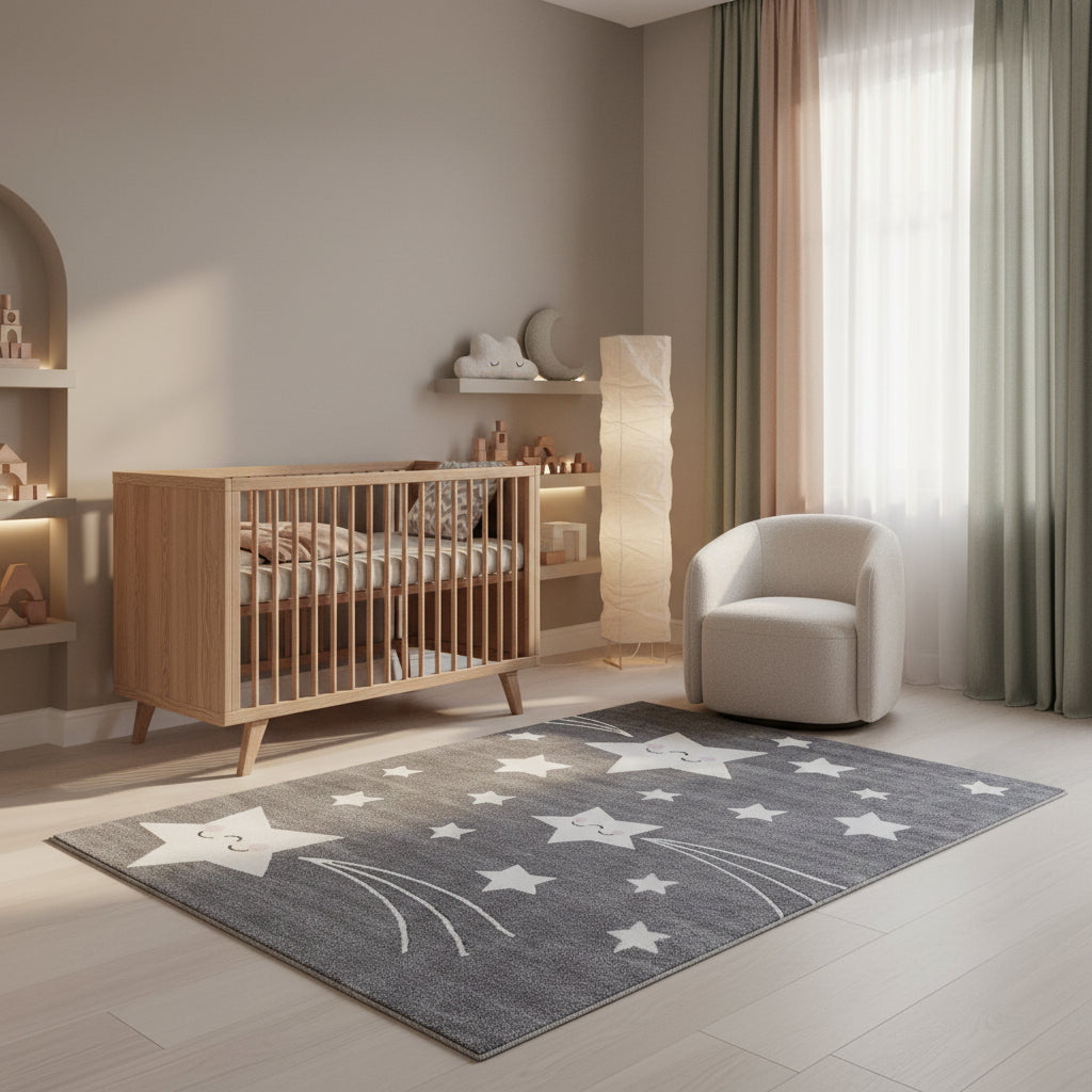 Teppich Kinder Sterne Polypropylen saugroboter Kurzflor Kinderzimmer_Grau_Läufer_