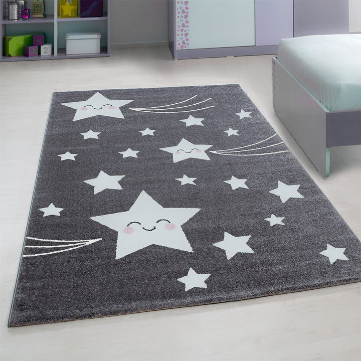 Teppich Kinder Sterne Polypropylen saugroboter Kurzflor Kinderzimmer_Grau_Läufer_
