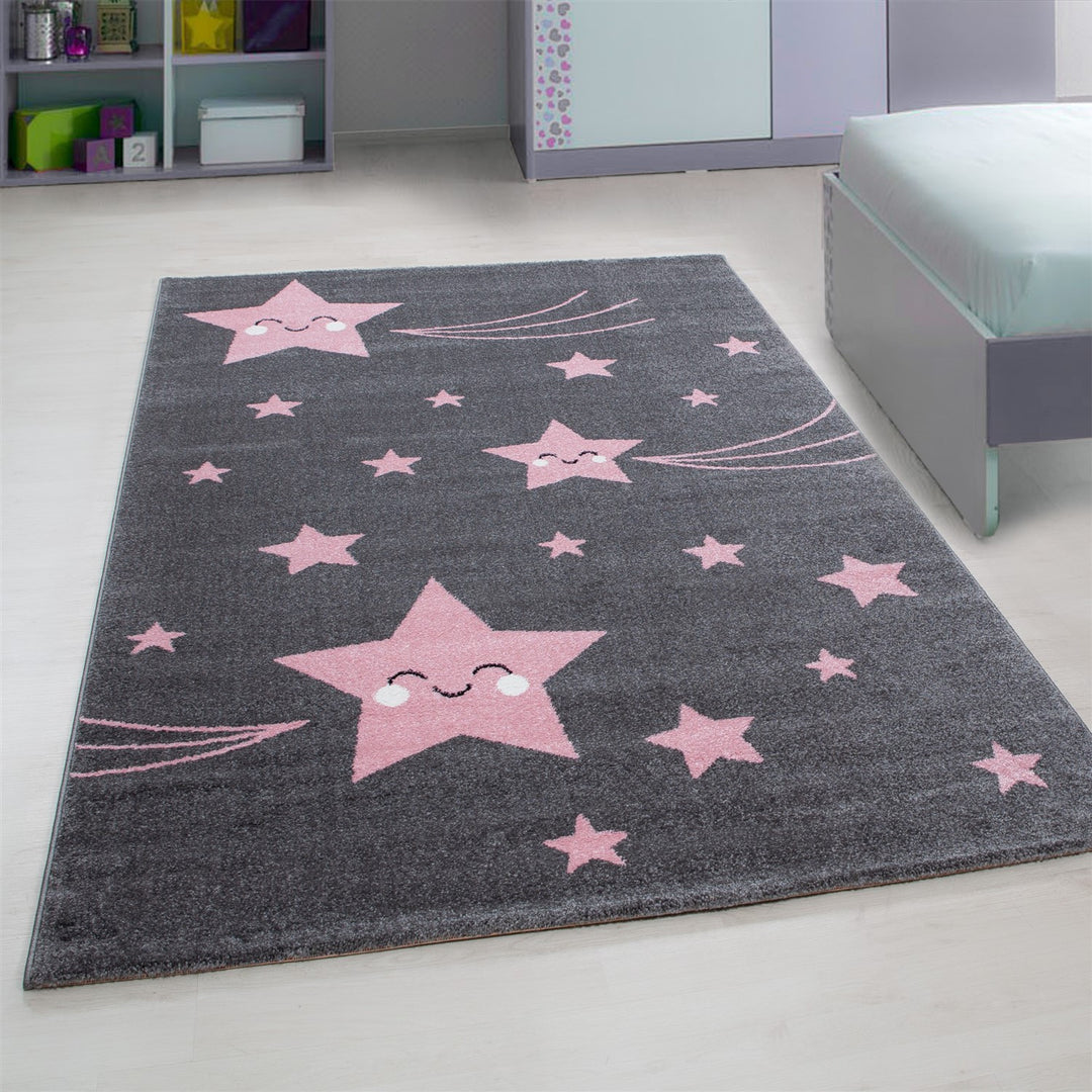 Teppich Kinder Sterne Polypropylen saugroboter Kurzflor Kinderzimmer_Pink_Läufer_