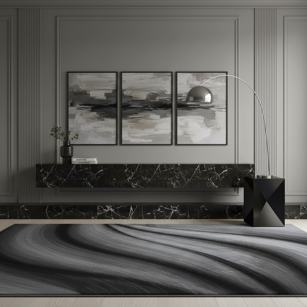 Teppich Kurzflor Abstrakt Wellen Polypropylen saugroboter Wohnzimmer_Schwarz_Läufer_