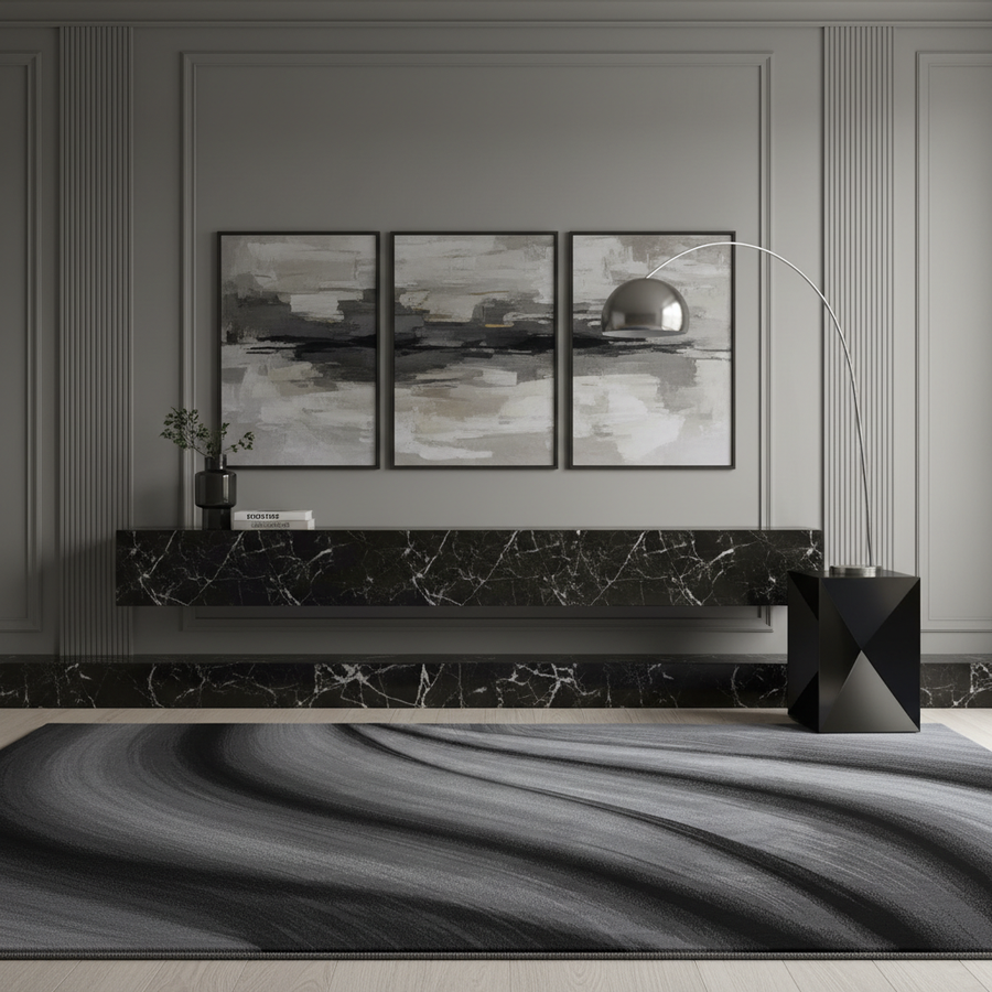 Teppich Kurzflor Abstrakt Wellen Polypropylen saugroboter Wohnzimmer_Schwarz_Läufer_