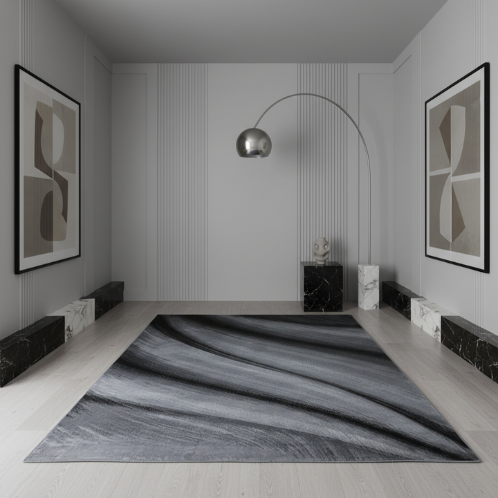 Teppich Kurzflor Abstrakt Wellen Polypropylen saugroboter Wohnzimmer_Schwarz_Läufer_