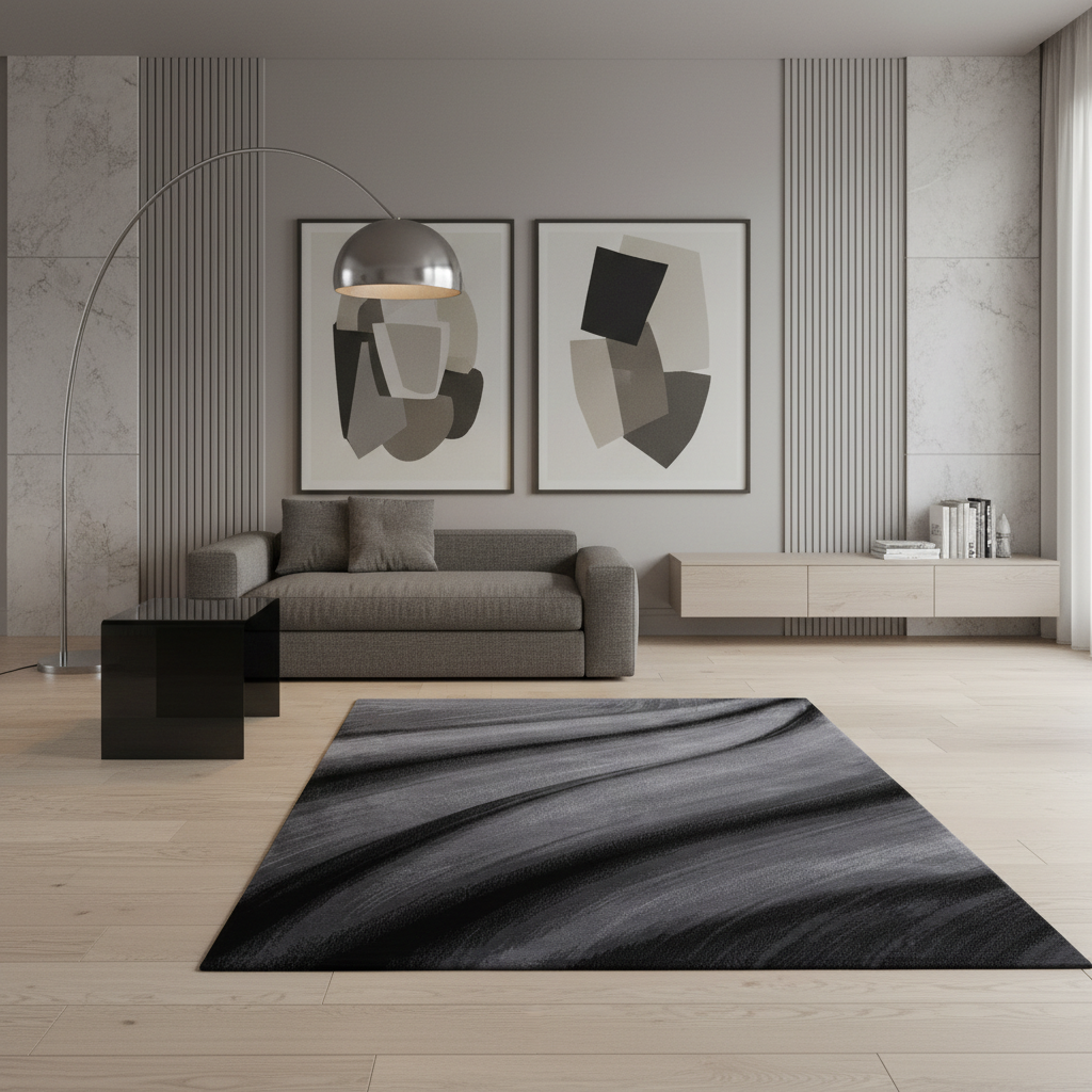 Teppich Kurzflor Abstrakt Wellen Polypropylen saugroboter Wohnzimmer_Schwarz_Läufer_