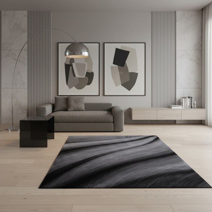Teppich Kurzflor Abstrakt Wellen Polypropylen saugroboter Wohnzimmer_Schwarz_Läufer_