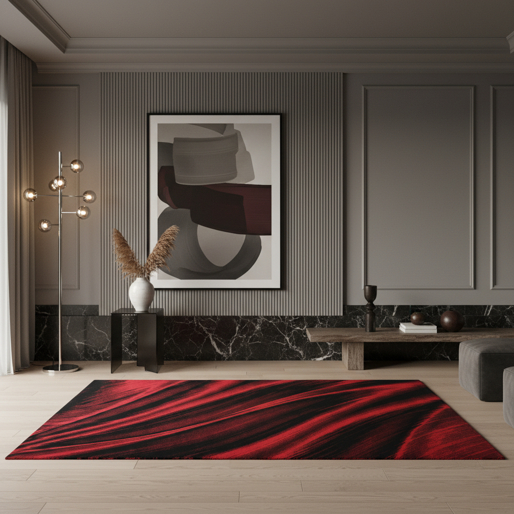 Teppich Kurzflor Abstrakt Wellen Polypropylen saugroboter Wohnzimmer Rot Läufer