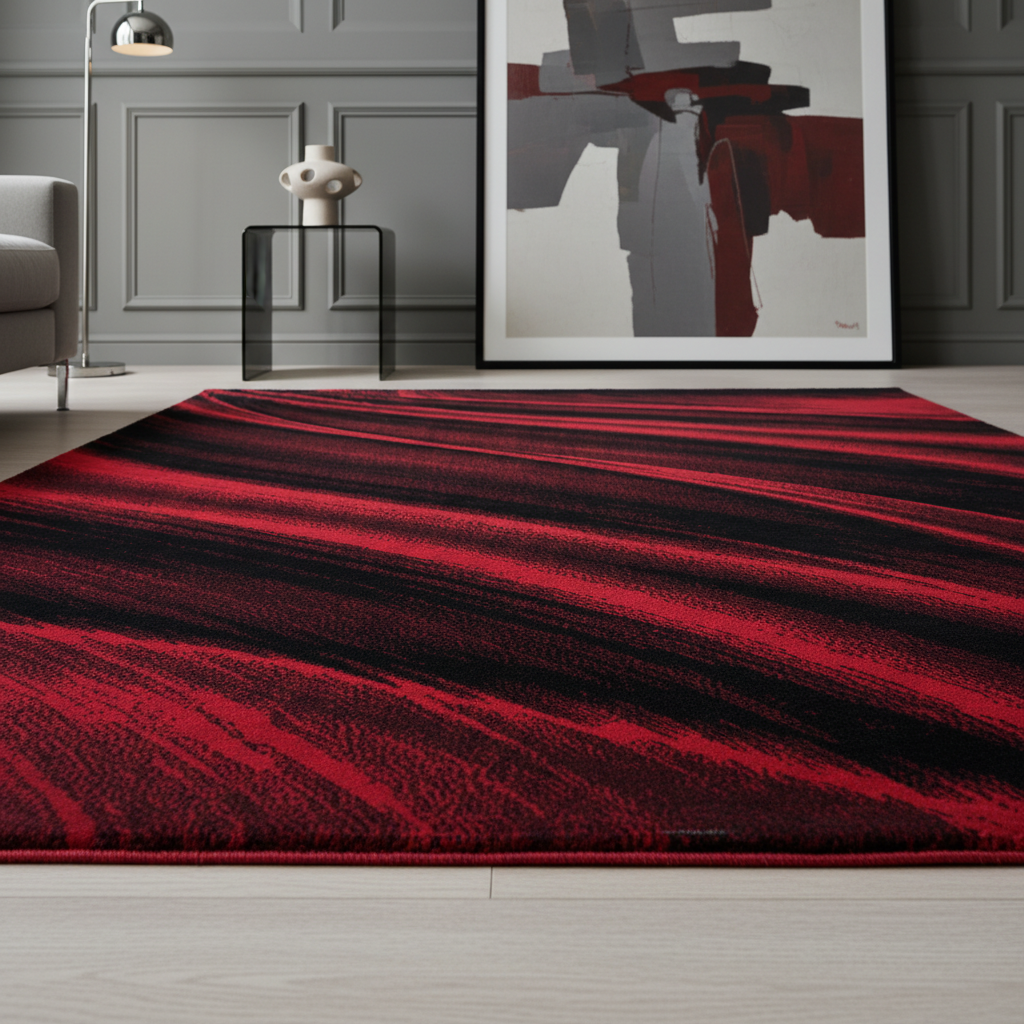 Teppich Kurzflor Abstrakt Wellen Polypropylen saugroboter Wohnzimmer Rot Läufer