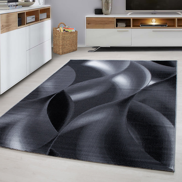 Teppich Kurzflor Abstrakte Wellen Polypropylen Wohnzimmer_Schwarz_Läufer_