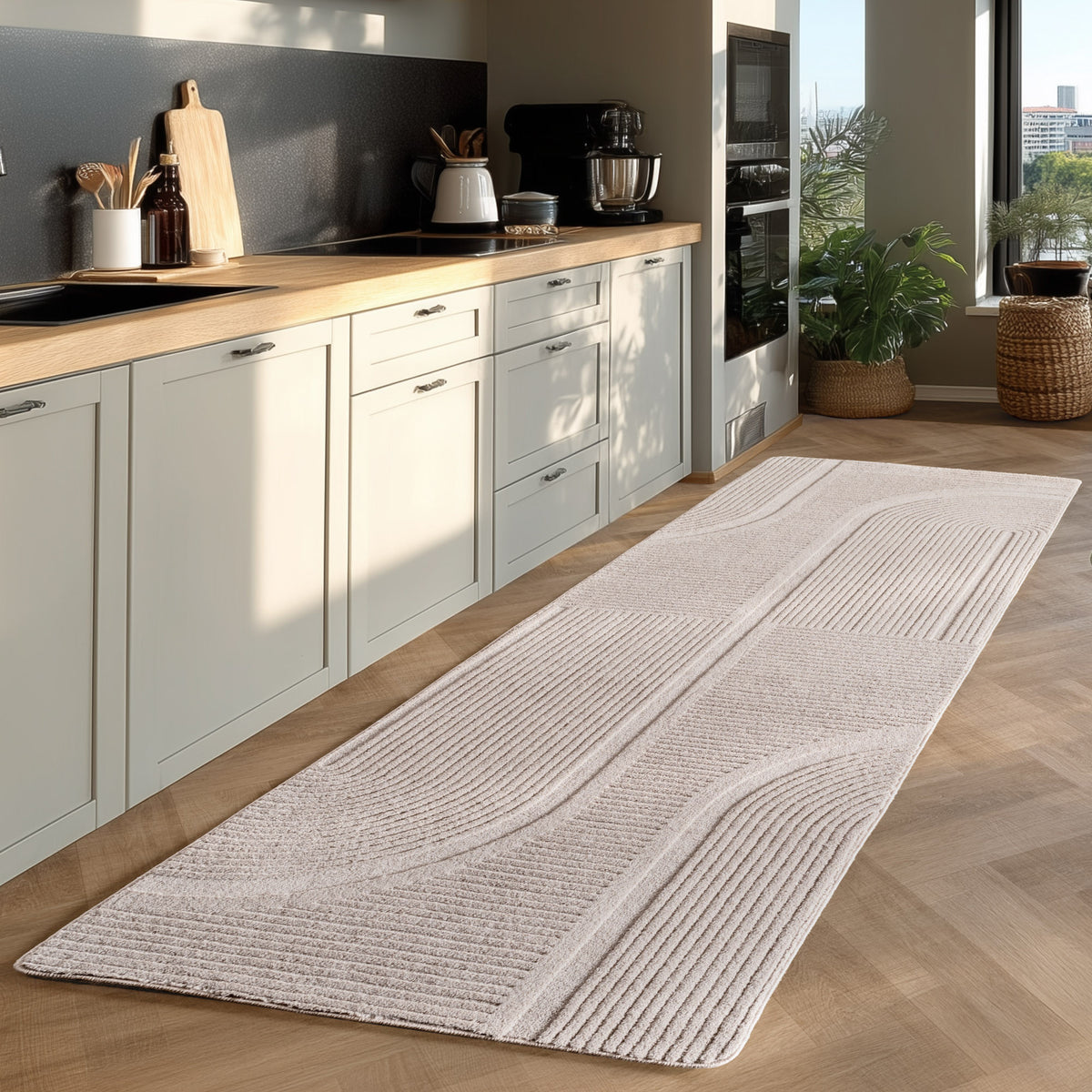 Teppich Kurzflor Boho Design Microfaser Baumwolle Schlafzimmer Creme Läufer