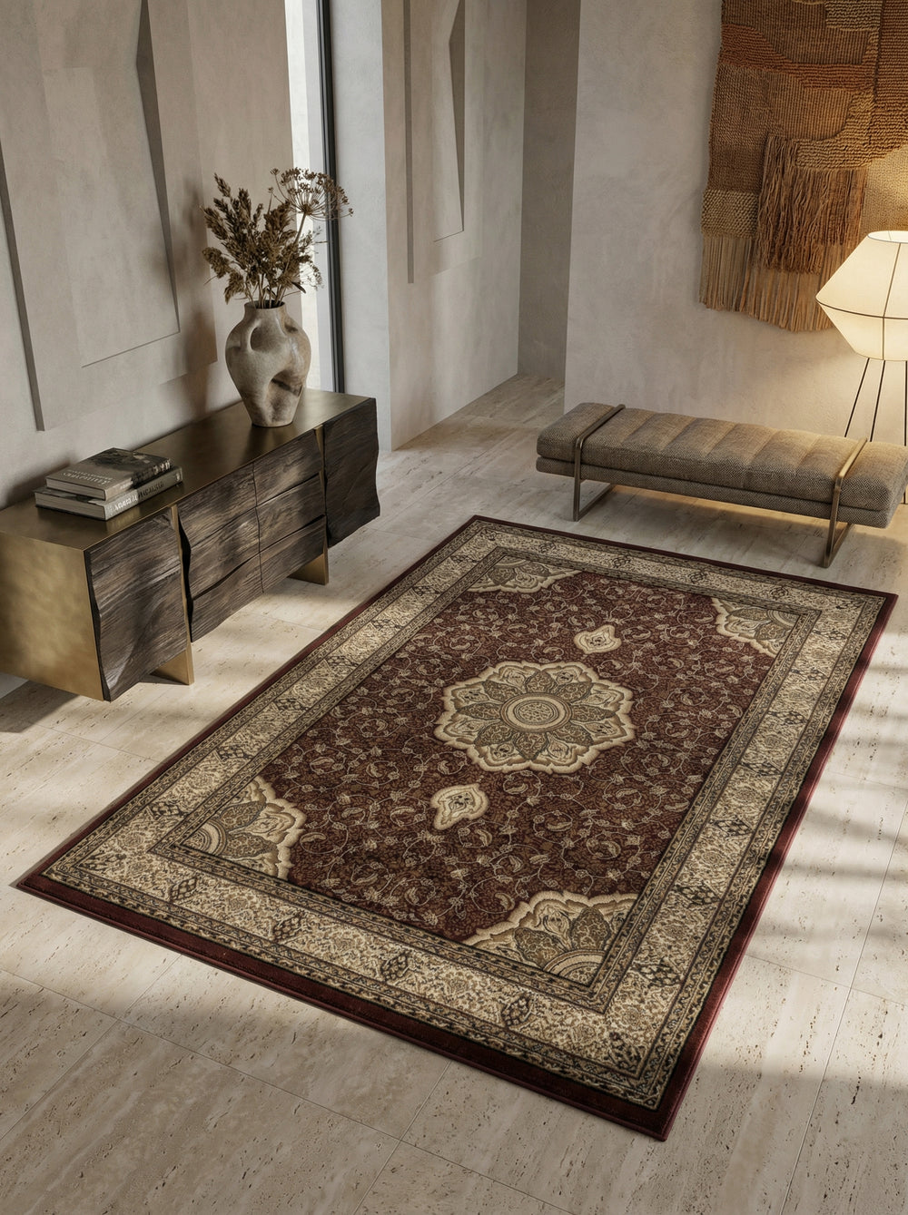 Teppich Kurzflor Boho Vintage Look Polypropylen Gewebt_Rot_Läufer_