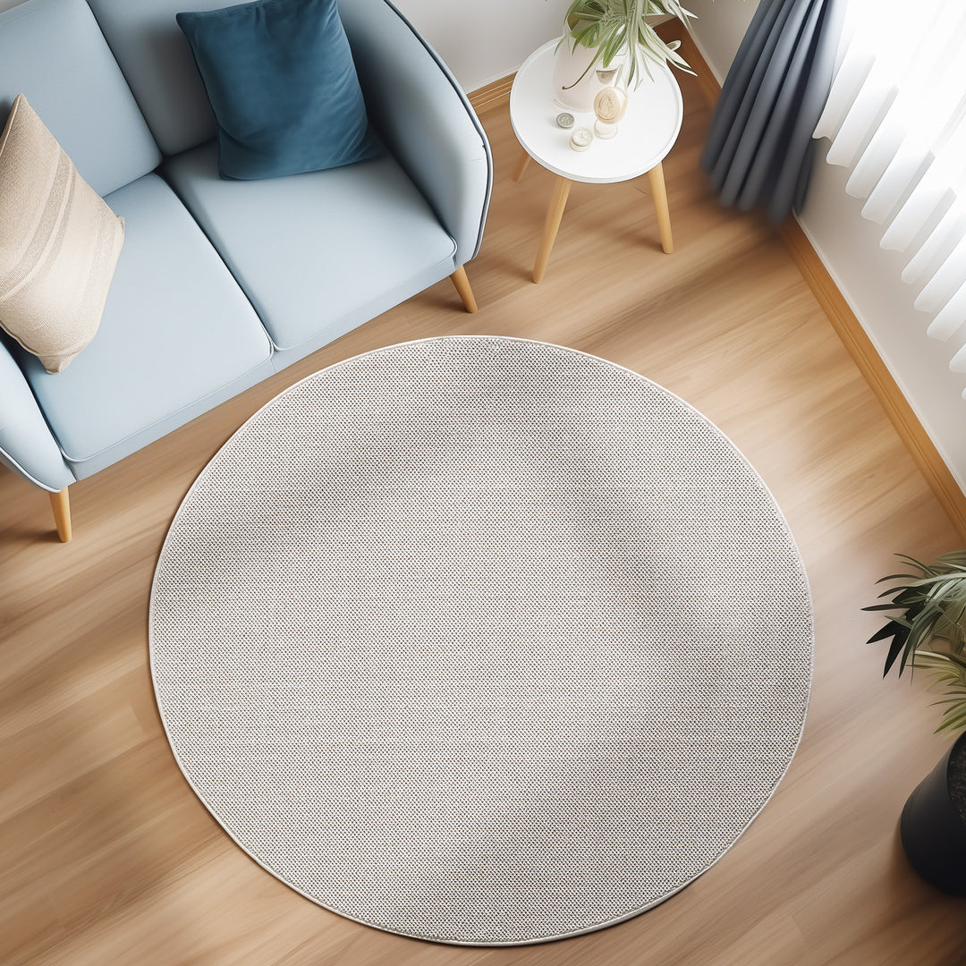 Teppich Kurzflor Flachgewebe Uni-Design Polypropylen Wohnzimmer_Creme_Rund_