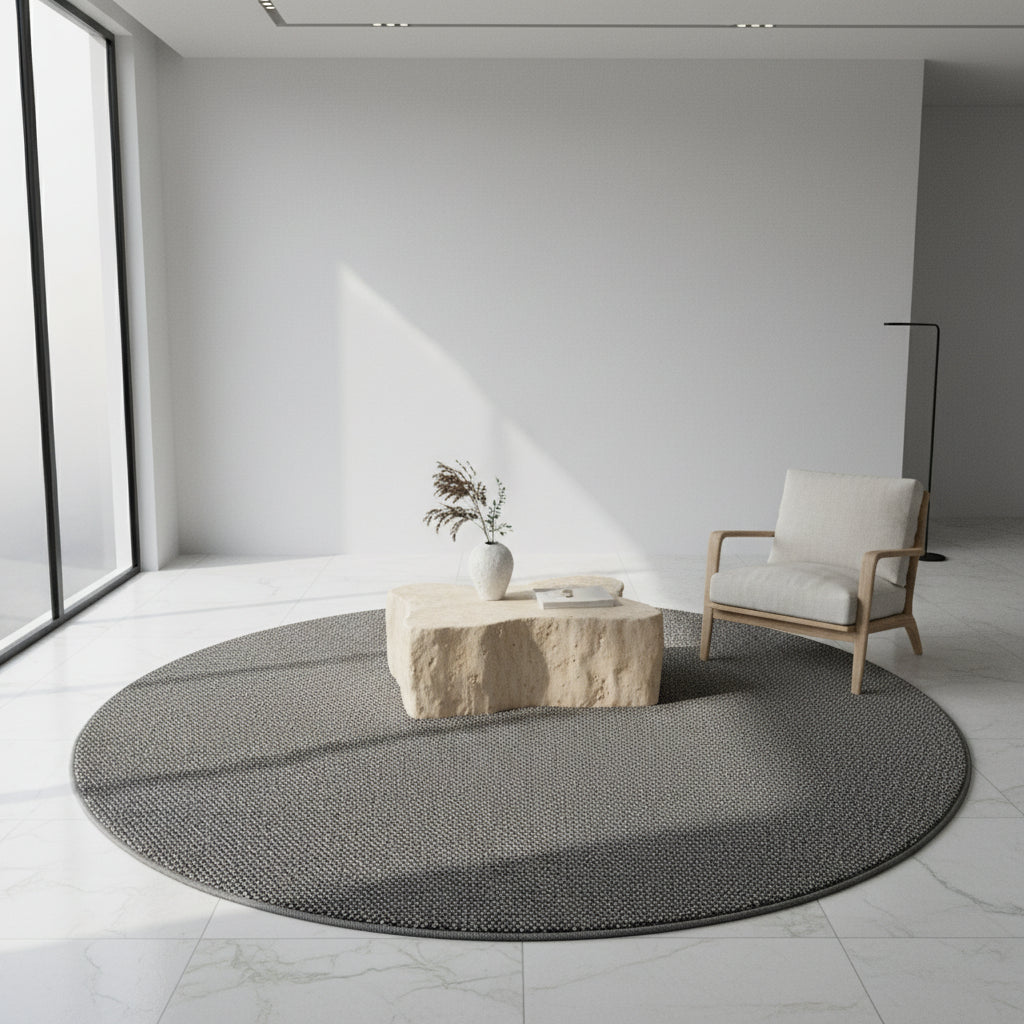 Teppich Kurzflor Flachgewebe Uni-Design Polypropylen Wohnzimmer_Grau_Rund_