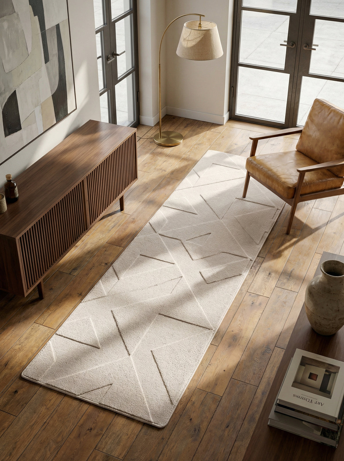 Teppich Kurzflor Geometrisch Microfaser Innen Creme Läufer