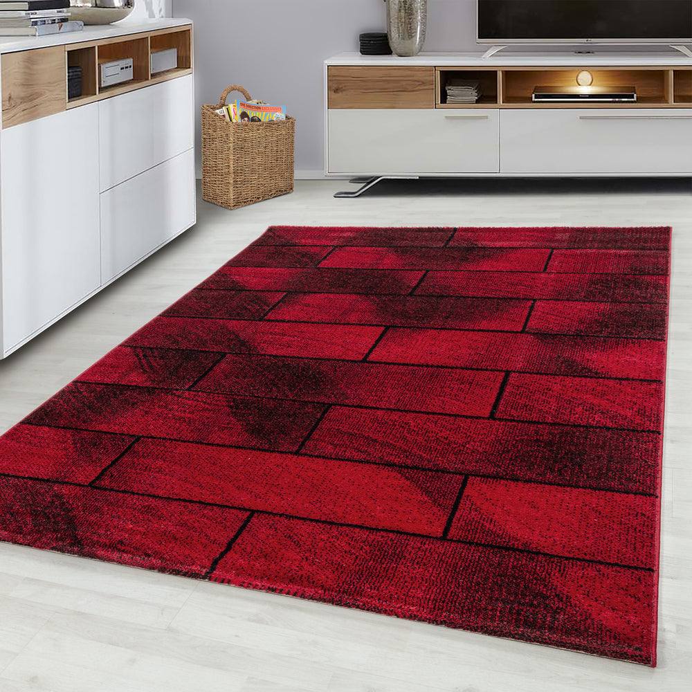 Teppich Kurzflor Geometrisch Polypropylen Wohnzimmer_Rot_Läufer_