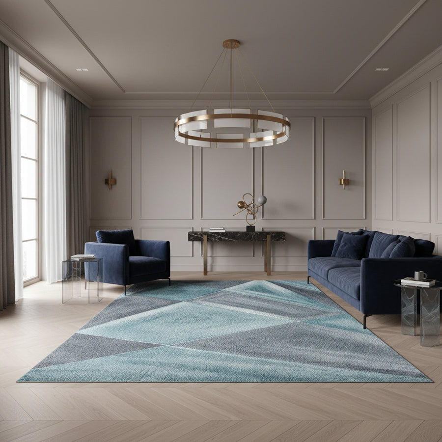 Teppich Kurzflor Geometrisch Polypropylen Wohnzimmer Blau Läufer 80x150_Läufer_