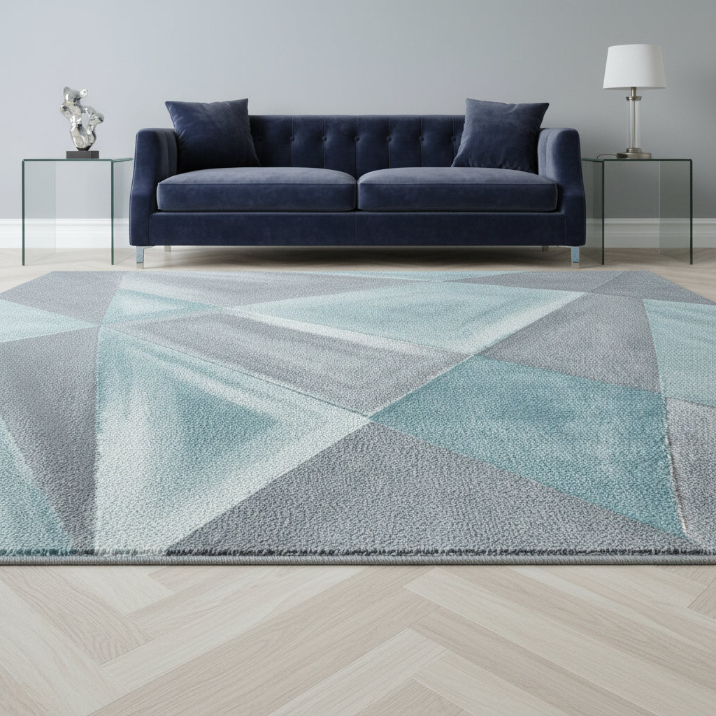 Teppich Kurzflor Geometrisch Polypropylen Wohnzimmer Blau Läufer 80x150_Läufer_
