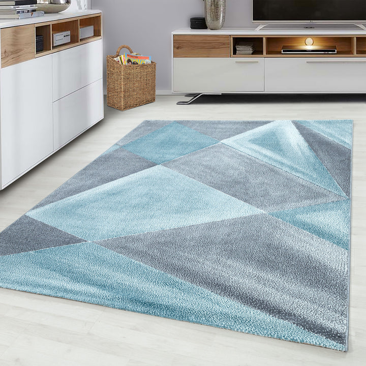 Teppich Kurzflor Geometrisch Polypropylen Wohnzimmer_Blau_Läufer_