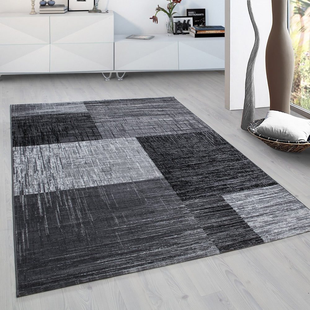 Teppich Kurzflor Karo-Abstrakt Polypropylen Wohnzimmer_Schwarz_Läufer_