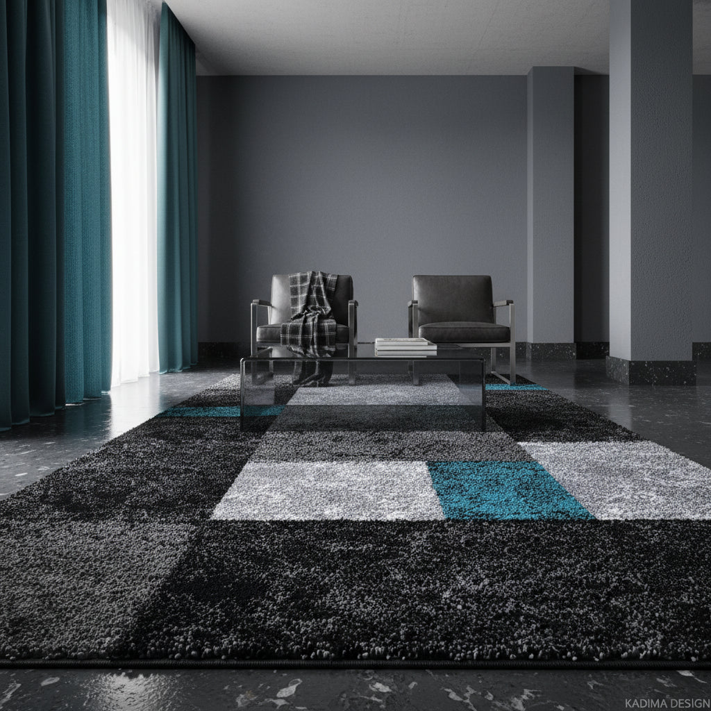 Kurzflor-Teppich Karofelder – Waschbar | Großflächiges Karo-Design | Frisée-Garn für Lebendige Textur – Ansicht 1