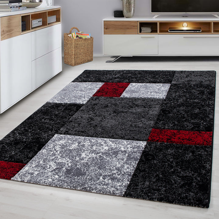 Teppich Kurzflor Karo Design Polypropylen Wohnzimmer_Rot_Läufer_