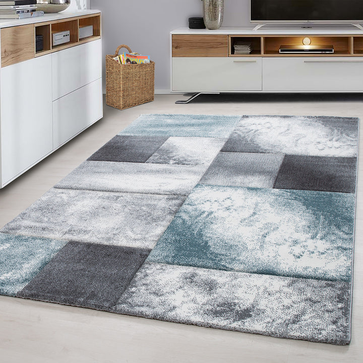 Teppich Kurzflor Karo Look Polypropylen Wohnzimmer_Blau_Läufer_